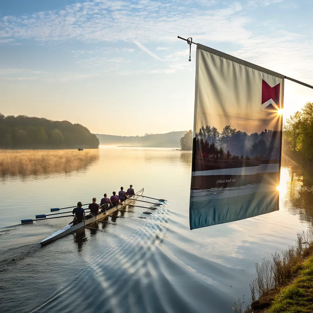 Rowing School Banner showcasing a scenic view of a team rowing on a calm lake at sunrise.