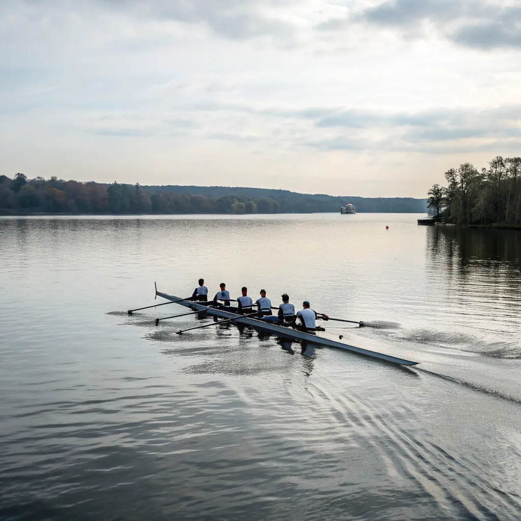 Team of rowers at NEXORAVAL practicing on a calm lake